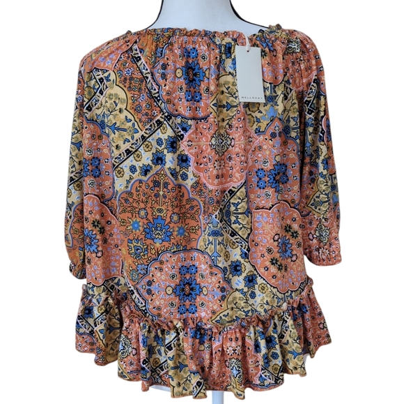 NWT Melloday Floral Ruffle Off the Shoulder Flowy Boho Top Small Blue Orange - Picture 13 of 16